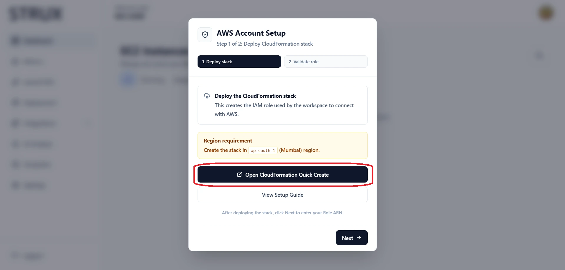 AWS Account Setup modal with the Open CloudFormation Quick Create button highlighted.