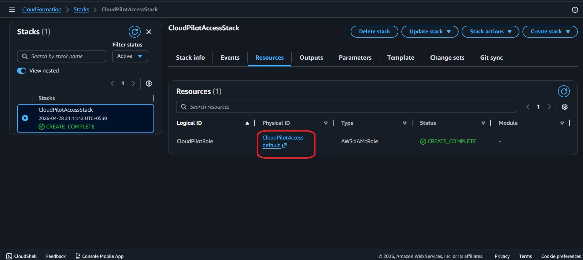 CloudFormation Resources tab with the CloudPilotAccess-default physical ID highlighted.
