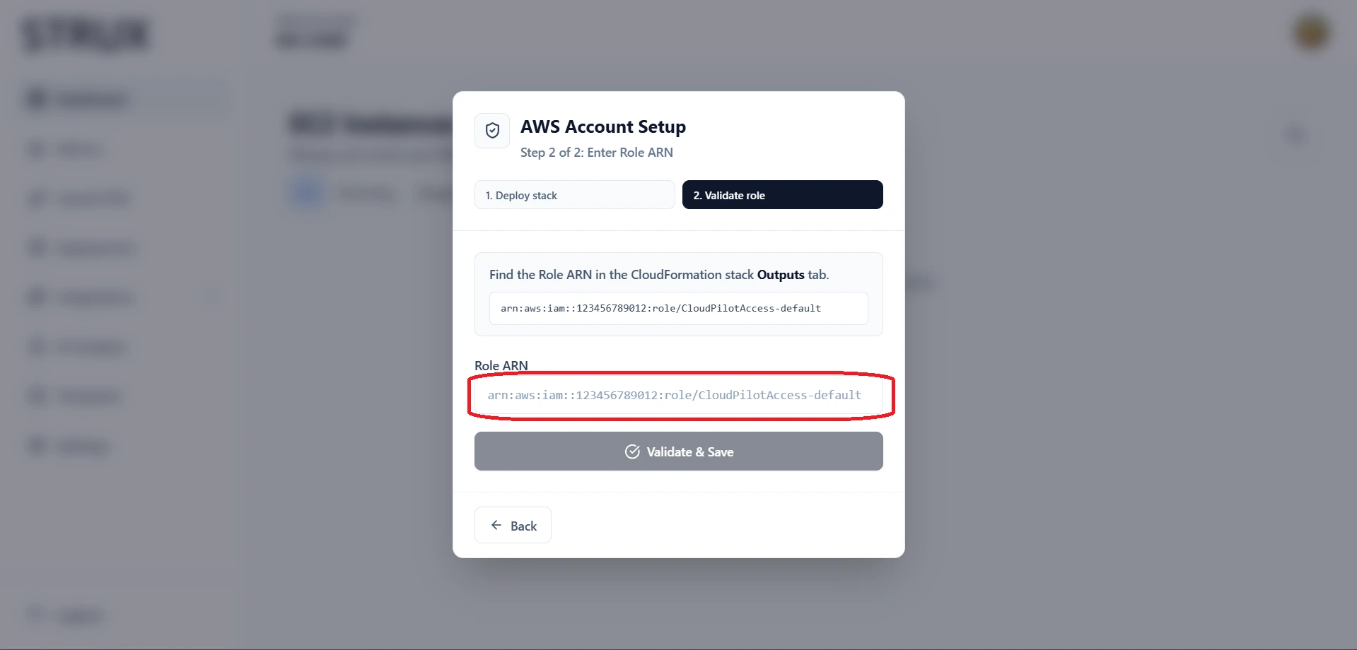 STRUX AWS Account Setup modal with Role ARN input and Validate and Save button highlighted.