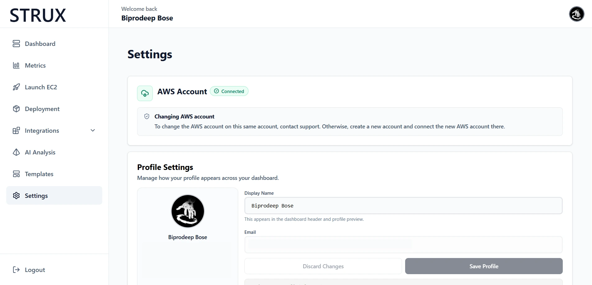 STRUX Settings page showing the AWS Account status as Connected.